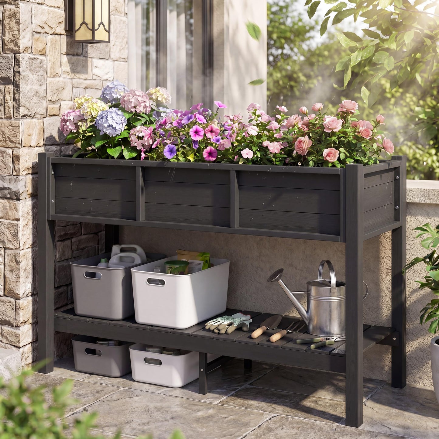 DWVO Raised Planter Box with Legs 48x18x30in Raised Garden Bed HDPE Poly Wood Weather-Resistant Elevated Garden Bed with Storage Shelf, Planter Boxes Outdoor for Patio Balcony Backyard, Black
