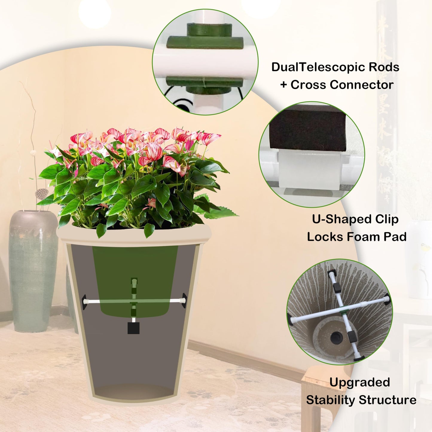 SENWELL-KA Adjustable Planter Inserts with Dual Telescopic Rods & Cross Connector, Upgraded Adjustable Plant Stand Insert with U-Shaped Clips, Heavy-Duty Plant Lifters for Inside Pots(2, White)