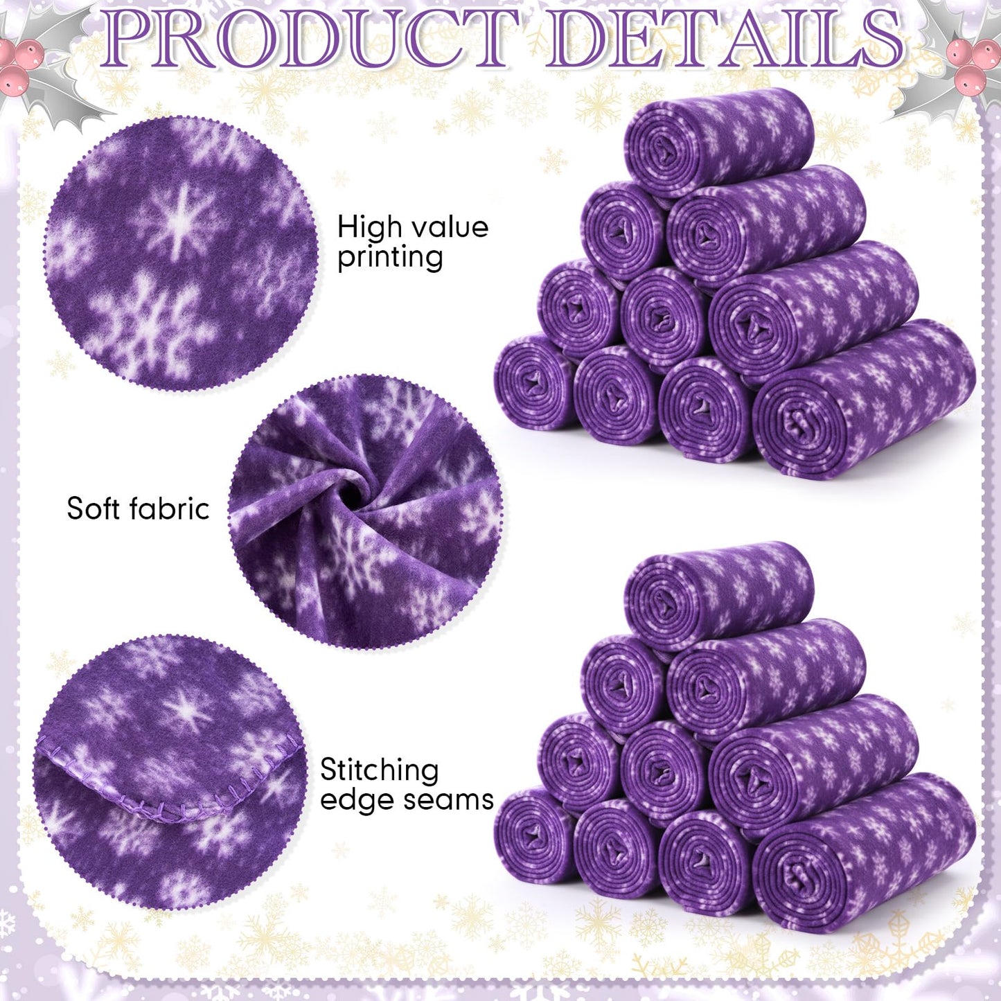 Moukeren 24 Pcs Christmas Snowflake Throw Blanket Bulk, 59 x 47 Inch Xmas Winter Throw Blanket Christmas Warm Soft Cozy Fleece for Home Bedding Couch Chair Gift (Purple)