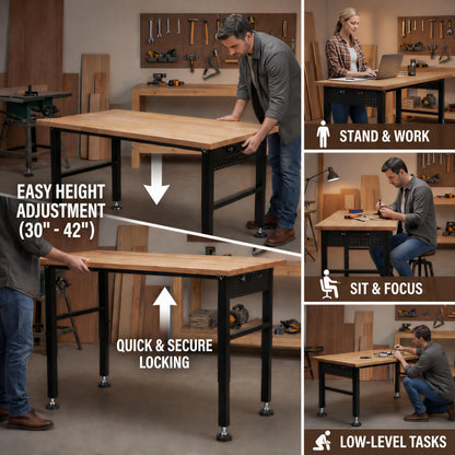 VUWIF 48" Workbench with Footpads, Adjustable Height Workbench with Rubberwood Top, Built-in Power Strip with 4 AC Outlets and 2 USB Ports, 2000 LBS Capacity for Garage, Workshop, and Home