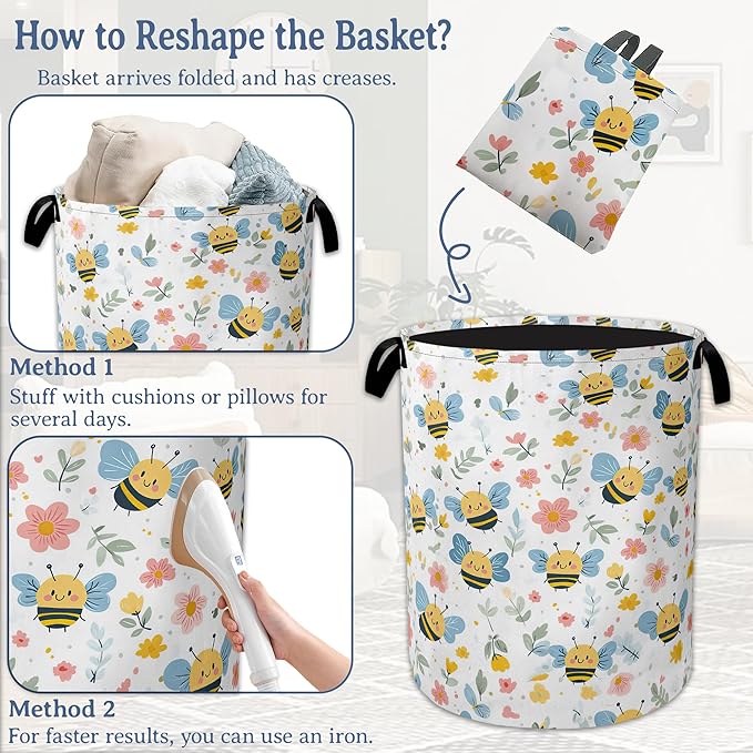 Cute Bee Laundry Basket, Foldable Oxford Cloth Pink Flowers Laundry Hamper