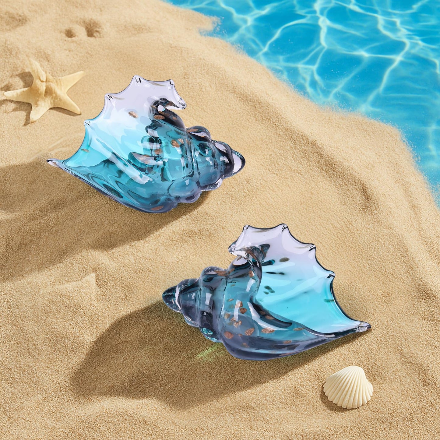 Sea Glass Art Figurines Hand Blown Conch Shell Sculpture, Green Glass Decor Creative Seashell Statue - for Coastal Room Knick Knacks, Home Kitchen Decorations Above Cabinets
