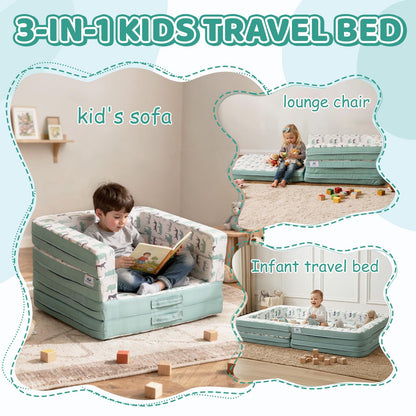 BLENNACY Toddler Travel Bed,Bunny-Shaped 3-in-1 Foldable Toddler Bed for Kids, Portable Toddler Cot with Washable Covers Soft Foam Raised Bumper for Naps,Lounger,and Little Sofa