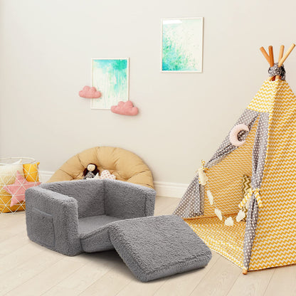 BEJOY Kids Sofa Bed 2-in-1 Flip Out Cuddly Sherpa Toddler Couch Convertible Chair to Lounger Children Sofa Bed Children's Day and Birthday Gift for Girls Boys, Grey