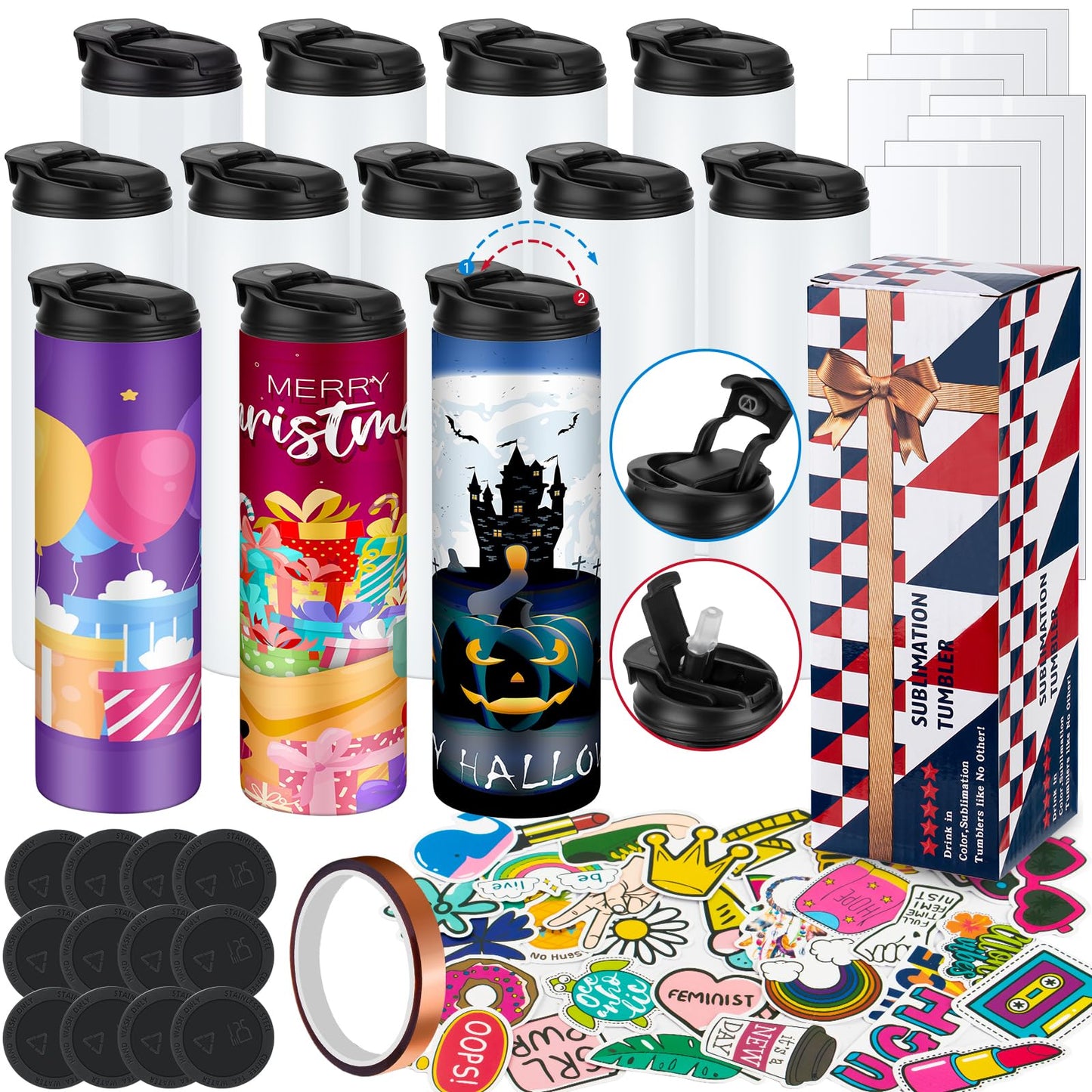 24Pack 20 oz Sublimation Tumblers Dual Opening Blank Bottles Triple-Insulated Stainless Steel Water Bottle with Straw Lid Blank Tumbler Bulk with Shrink Wrap, Rubber Base, Heat Tape for Heat Transfer