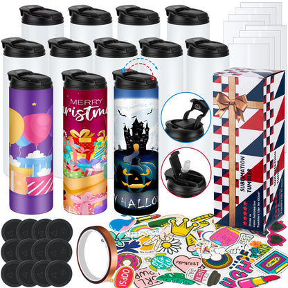 24Pack 20 oz Sublimation Tumblers Dual Opening Blank Bottles Triple-Insulated Stainless Steel Water Bottle with Straw Lid Blank Tumbler Bulk with Shrink Wrap, Rubber Base, Heat Tape for Heat Transfer