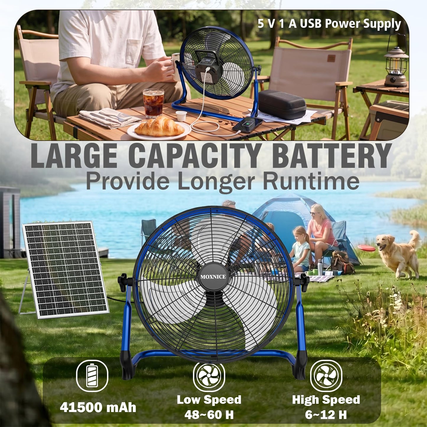MOXNICE 18" Solar Rechargeable Floor Fan, 30W Cordless Solar Fan Outdoor, Portable Camping Fan, Hi-airflow, USB Output, Wireless, for Home Garage RV Camping Greenhouse