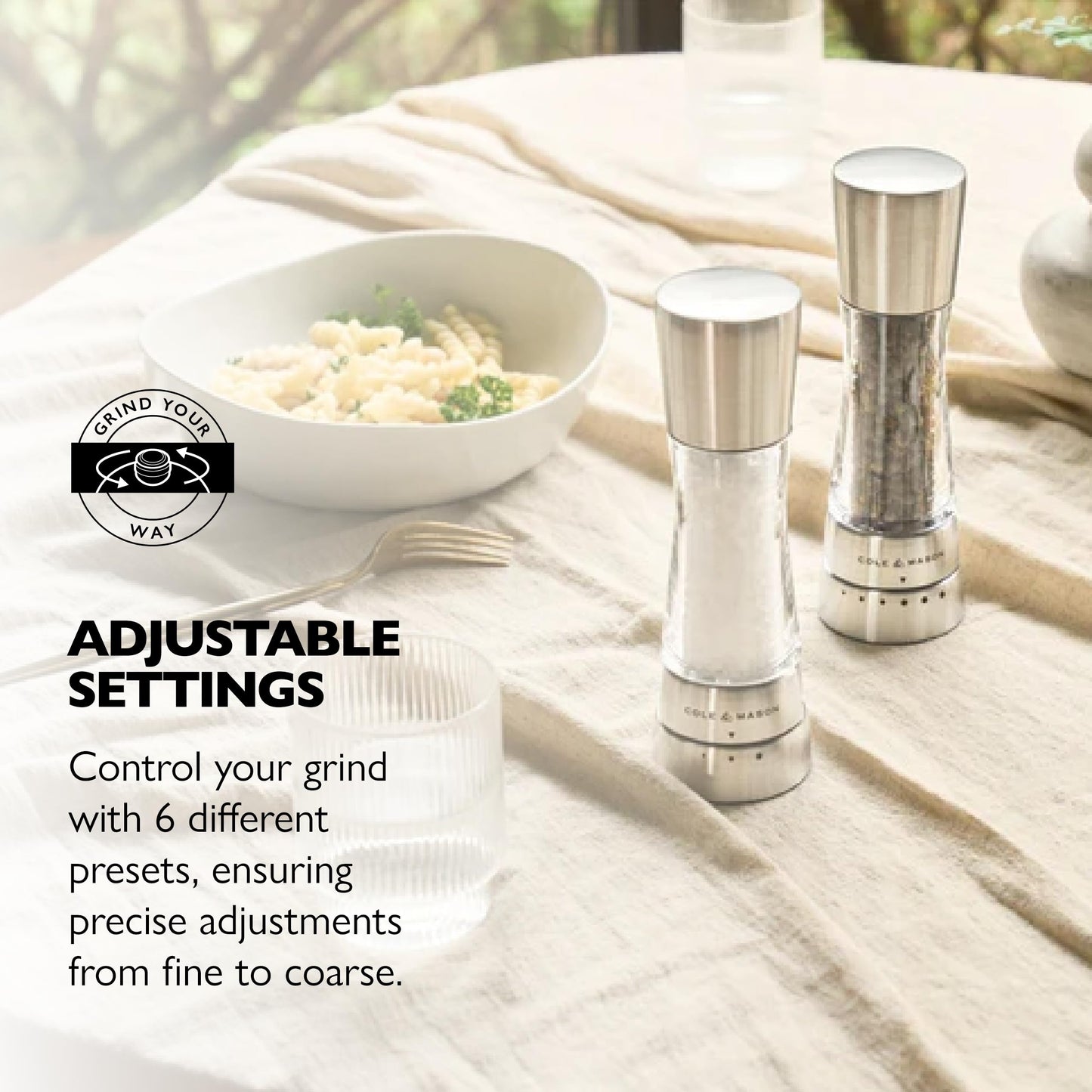Cole & Mason Derwent Salt & Pepper Grinder Set with Tray - Salt & Pepper Grinder Set with Adjustable Grind Settings - Easily Refillable Spice Mills for Enhanced Taste - Stainless Steel