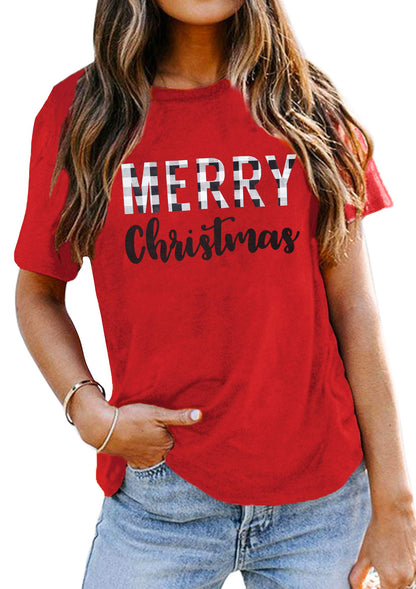 Merry Christmas T-Shirts for Women Buffalo Plaid Print Christmas Shirts Tops Holiday Letter Print Tee Tops (Red, XX-Large)