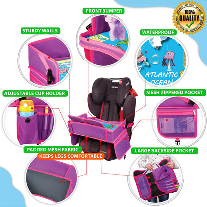 ECOFANTASY Kids Travel Tray - Waterproof Lap Table with No-Drop Large Tablet Holder - Car Seat Tray - Road Trip Essentials Kids - Car Desk Organizer for Airplane - Toddler Travel Essentials (Pink)
