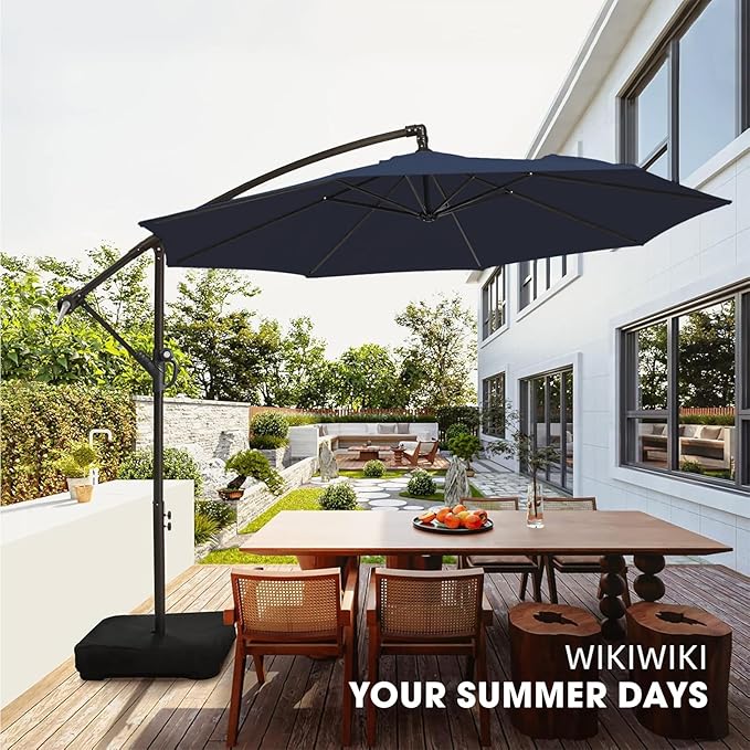 wikiwiki 10ft Patio Umbrella with Base Included, Outdoor Offset Cantilever Umbrella with Sandbag Base for Backyard, Garden and Pool, Easy to Tilt and Crank, Navy Blue