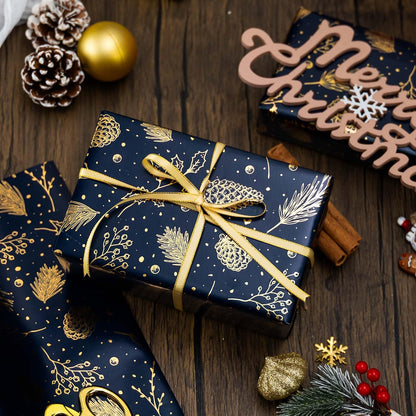 Homeral Christmas Wrapping Paper Roll-46.8 sq.ft. (17in x 33ft) Metallic Shine Navy Blue with Gold Pine Cone, Pine Twig for Christmas, New Year Celebration, Party, Holiday