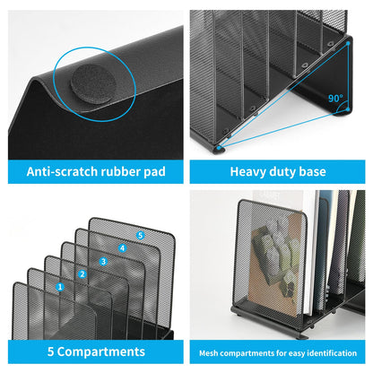 LEKETREE File Organizer for Desk, File Folder Organizer with 5-Section Vertical Rack, Suitable for Home Office Document Organization and Storage(Black)