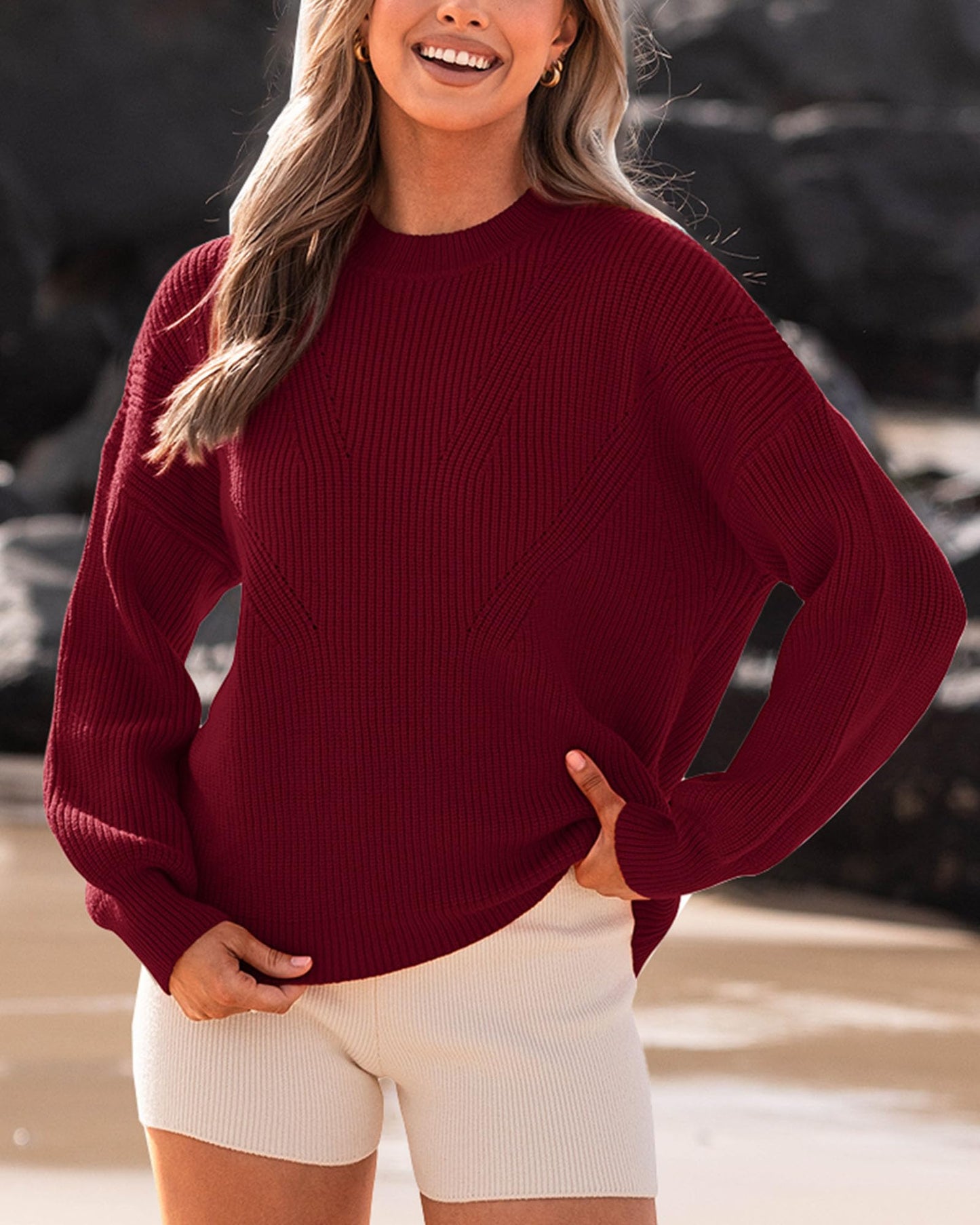 BTFBM Womens Casual Long Sleeve Sweaters Crew Neck Oversized Ribbed Knit Pullover Sweater 2025 Fall Winter Jumper Tops