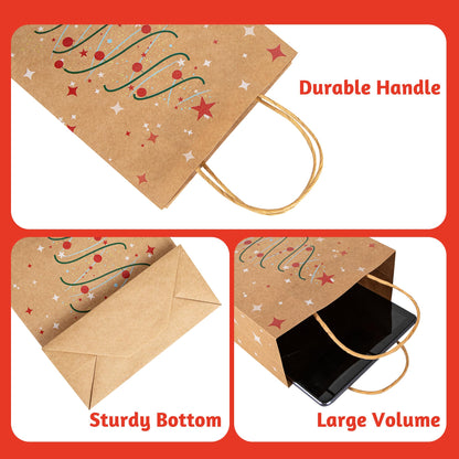24 Christmas Kraft Gift Bags with 24 Tissue Papers, 7 x 8.6 x 3 Holiday Goody Bags with Handles, Xmas Treat Bags for Party Favors, Classroom Exchange, Present Wrapping