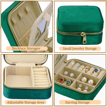 SRYTCYDA 4PC Travel Jewelry Box, 3.93" × 3.93" Portable Small Velvet Jewlery Organizers and Storage with Mirror, Travel Jewellery Case Gift for Women for Stud Earrings, Rings, Necklaces (Dark green)