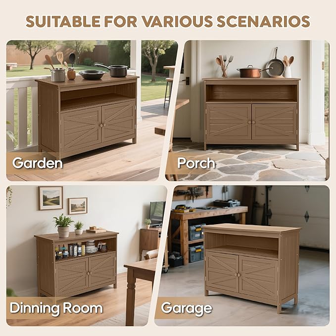 HIPS All-Weather Outdoor Storage Cabinet,Outdoor Sideboard with Magnetic Doors,3-Shelves Patio Storage Cabinet, Used for Garden,Buffet Cabinet,TV Stand, Bar Table,Balcony