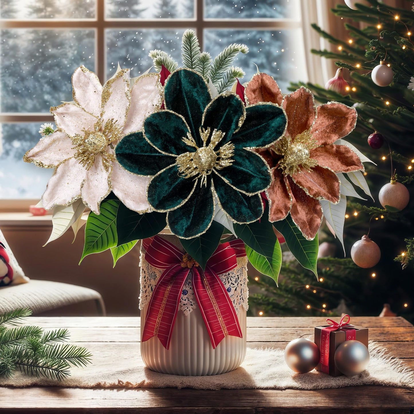 Suncalla 18 Pcs 5.9'' Large Christmas Magnolia Flower Artificial Glitter Velvet Christmas Tree Decoration Fold Xmas Ornaments for Tree Xmas Holiday Wedding Party New Year (Classic,White,Brown,Green)