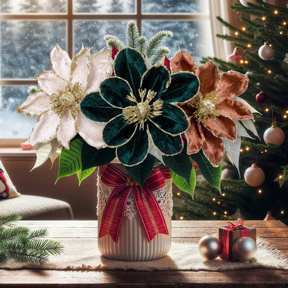 Suncalla 18 Pcs 5.9'' Large Christmas Magnolia Flower Artificial Glitter Velvet Christmas Tree Decoration Fold Xmas Ornaments for Tree Xmas Holiday Wedding Party New Year (Classic,White,Brown,Green)