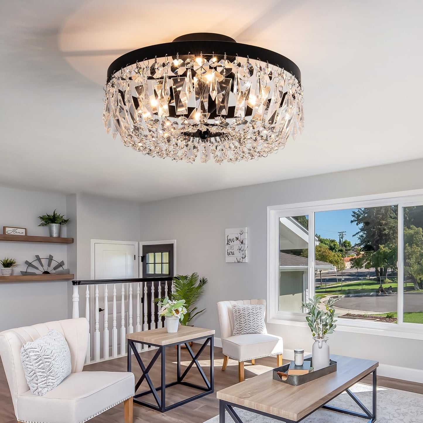 KSRYSZCQ Black Crystal Ceiling Light, 15''Modern Semi Flush Mount Ceiling Light Fiture 4-Light Crystal Chandelier with E12 Bulb for Dining Room, Kitchen Island, Bedroom Hallway