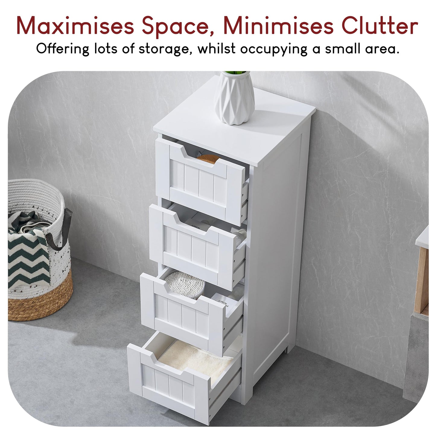 Vida Designs Bathroom 4 Drawer Floor Standing Cabinet Unit Storage Wood, White