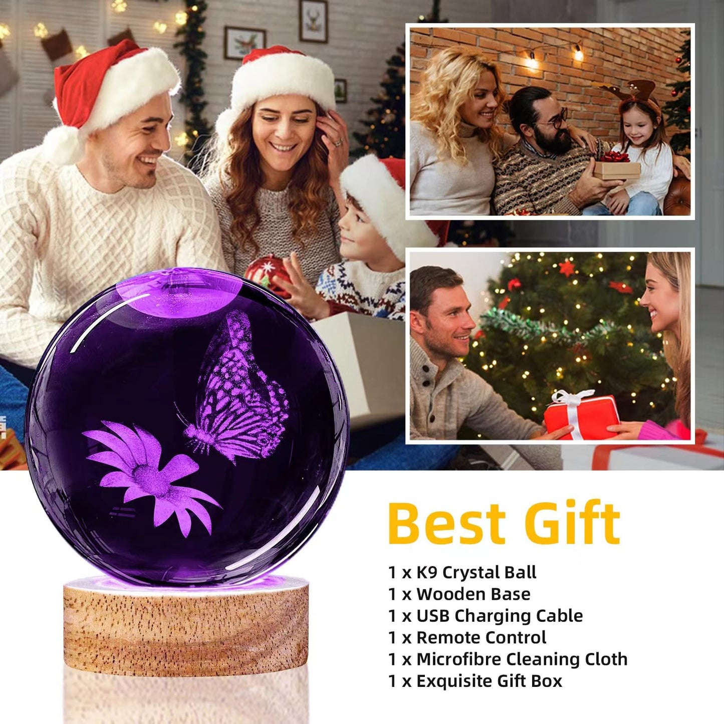 Huntalg 3D Butterfly Crystal Ball Night Light with 16 Colors and 4 Modes, Upgraded K9 Crystal, 3.15 Inch Butterfly and Flower Figurines, Remote Control, Gift Box