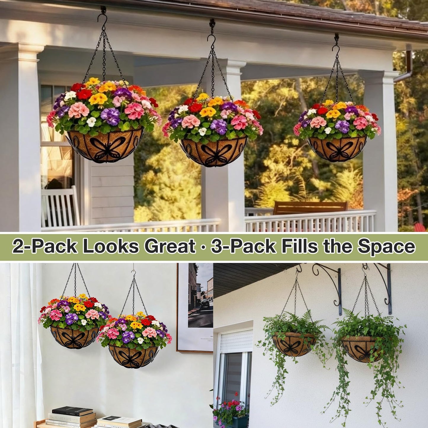 CRAYZA 14 Inch Hanging Baskets for Plants Outdoor, 3 Pack Metal Wire Hanging Planters with Coco Coir Liners, Rust-Resistant Flower Basket with Chains & Hooks for Garden Patio Porch Deck Balcony