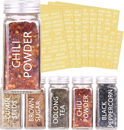 SWOMMOLY 42 Glass Spice Jars with 703 Spice Labels, Chalk Marker and Funnel Complete Set. 42 Square Glass Jars 4oz, Airtight Cap, Pour/sift Shaker Lid