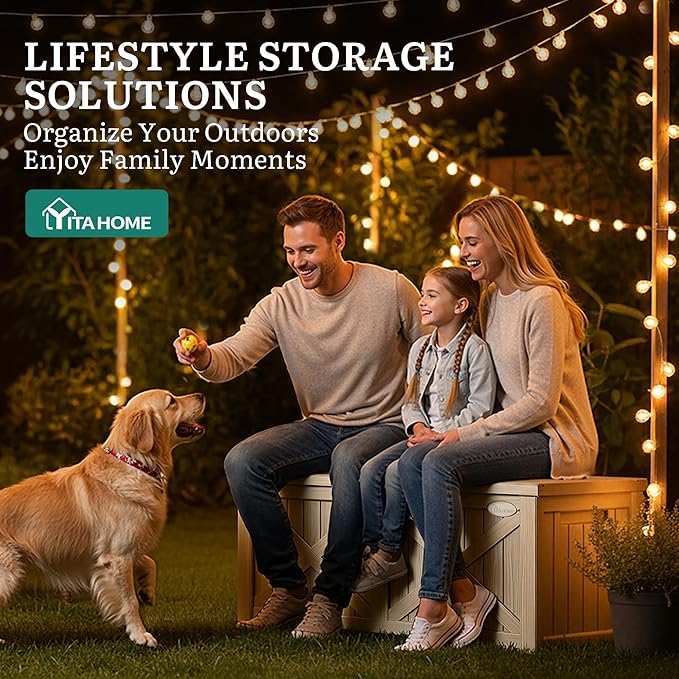 YITAHOME 150 Gallon Large Deck Box with X-Shaped Front, Resin Outdoor Storage Boxes, Waterproof Cushion Storage Bench for Patio, Pool Supplies, Garden Tools - Lockable, Taupe