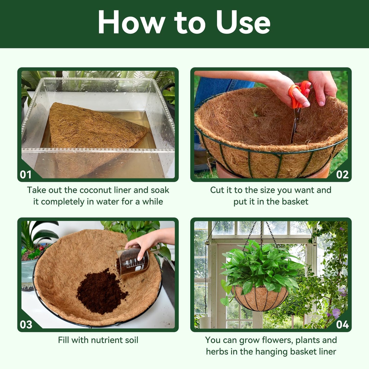 ZeeDix 6 Pack 14 Inch Coconut Liners for Planters, Round Hanging Basket Liners Natural Coco Coir Replacement Liner for Flowers Vegetables Patio Porch Garden Decor