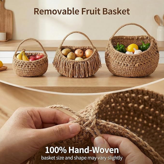 3 Tier Hanging Fruit Basket, Jute Wall Baskets Removable, Portable Produce