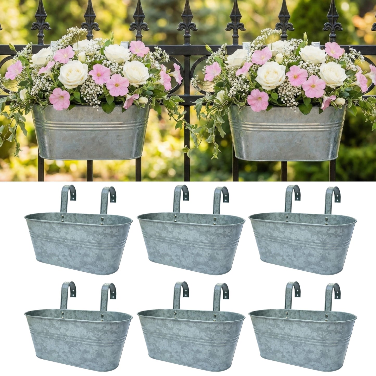 LaLaGreen Outdoor Rail Planter (11.2 Inch, 6 Pack) Silver Metal Iron Hanging Flower Pots Deck Railings Fence Buckets Modern Countryside Boho Style Wall Mount Window Box Plant Holder Hooks Porch Decor
