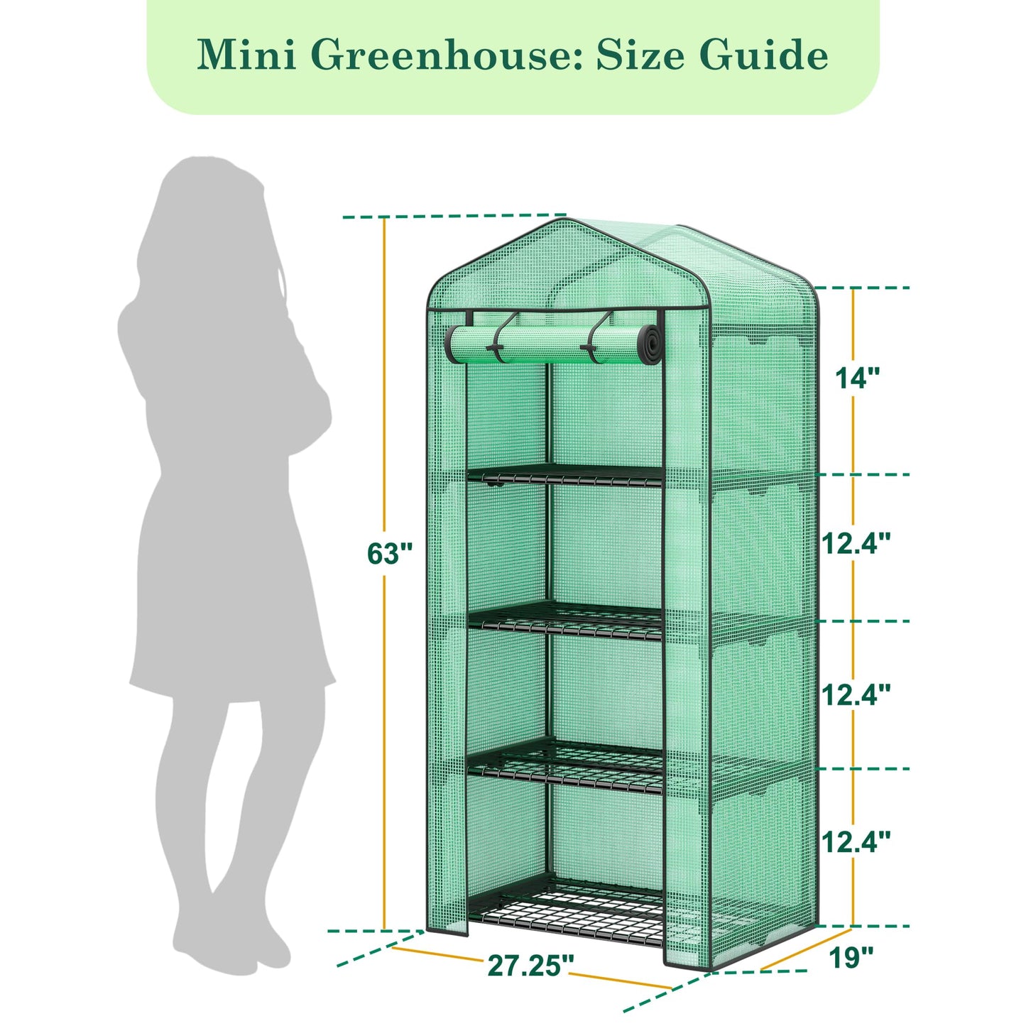 JupiterForce 4 Tier Mini Greenhouse Indoor Outdoor Portable Small Green House with Durable PE Cover&Roll-Up Zipper Door, Waterproof Greenhouses for Plant Seed & Seedling, 2.3x1.5x5.3 FT