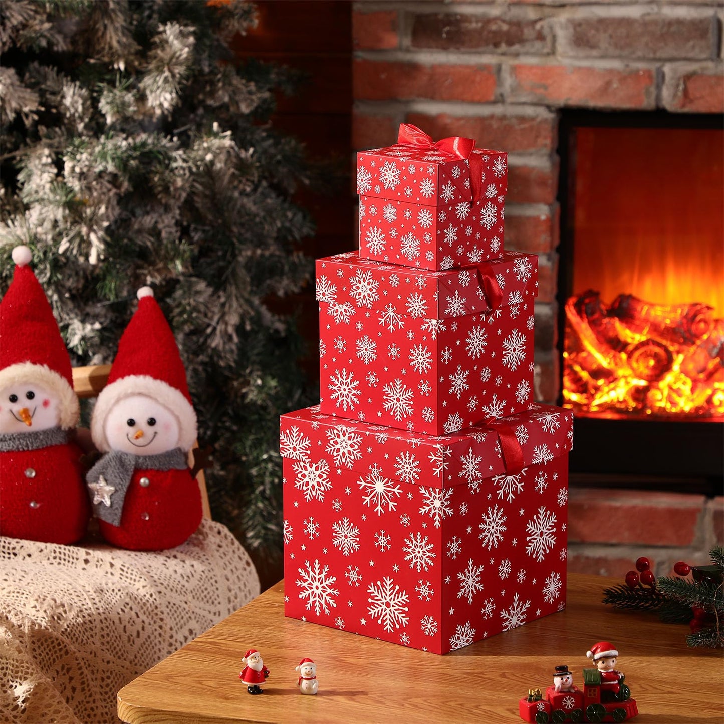 Zhanmai 3 Pcs Christmas Nesting Gift Boxes Snowflake Stackable Boxes Christmas Decorative Boxes with Lids for Present Wrapping Xmas Winter New Year Holiday Party Decor Supplies Favor (Red)