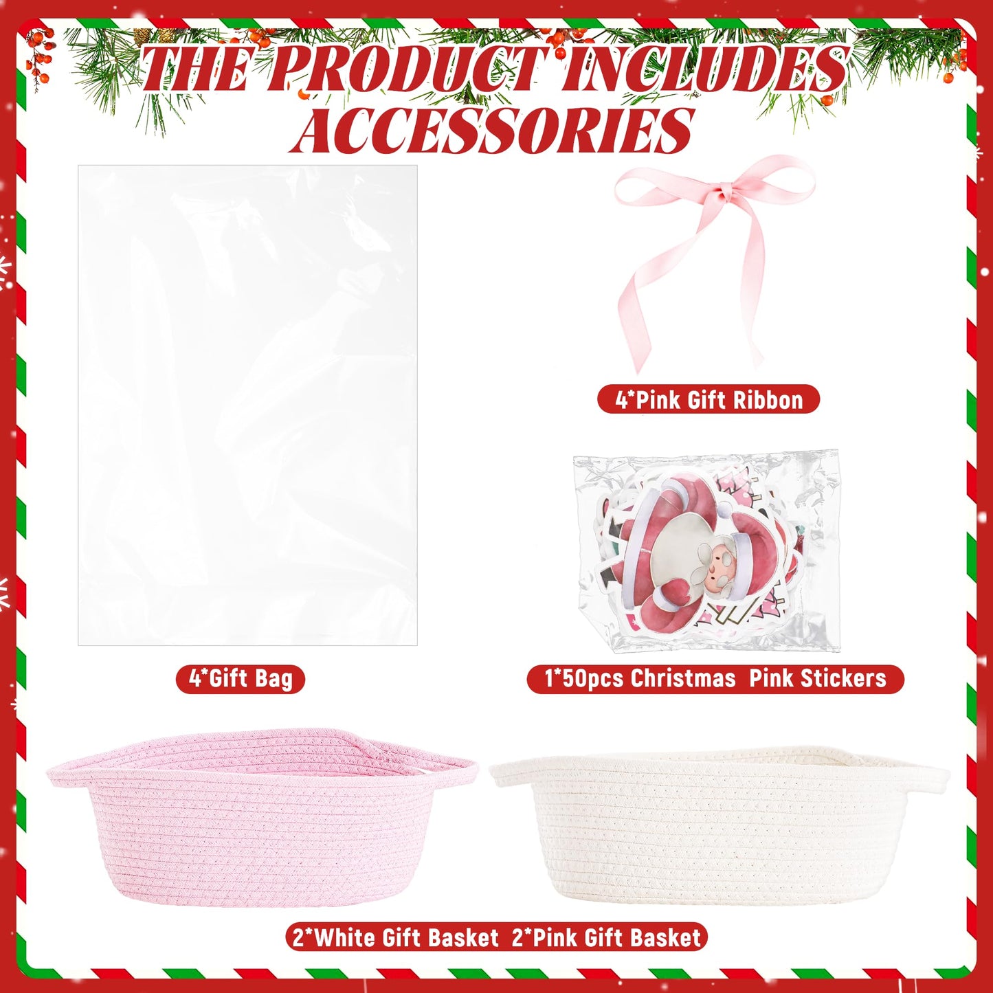 4pcs Valentines Day Gift Basket Empty, Pink Woven Basket with Handles, Decorative Rope Woven Storage Basket Valentines Gift Baskets with Gift Bags Sticker and Ribbons for Empty Decorative Gift Box