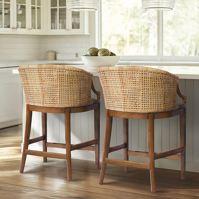 Martha Stewart Farmhouse Counter Height Bar Stools, Handcrafted Rattan Counter