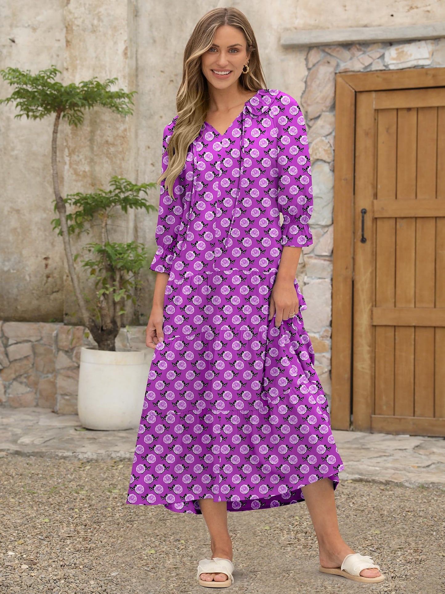 ANRABESS Women's Boho Maxi Dresses 2025 Summer Casual V Neck Puff Sleeve Floral Tiered Flowy Swing Beach Vacation Long Dress