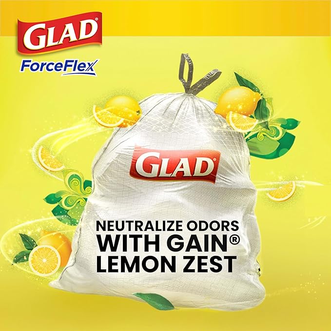 Glad ForceFlex Trash Bags 13 Gallon Gain Lemon Zest | Tall Kitchen | Drawstring