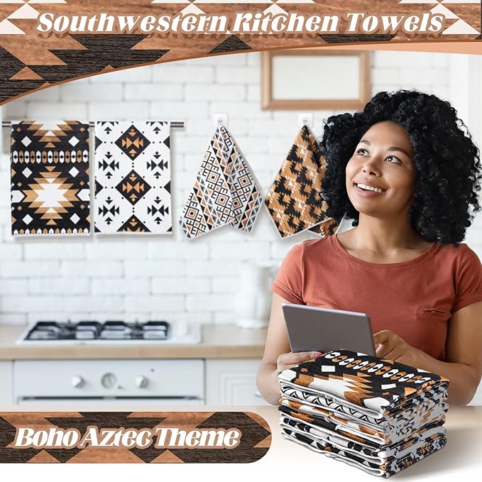 Breling Set of 6 Western Aztec Kitchen Towels Vintage Themed Dish Towel