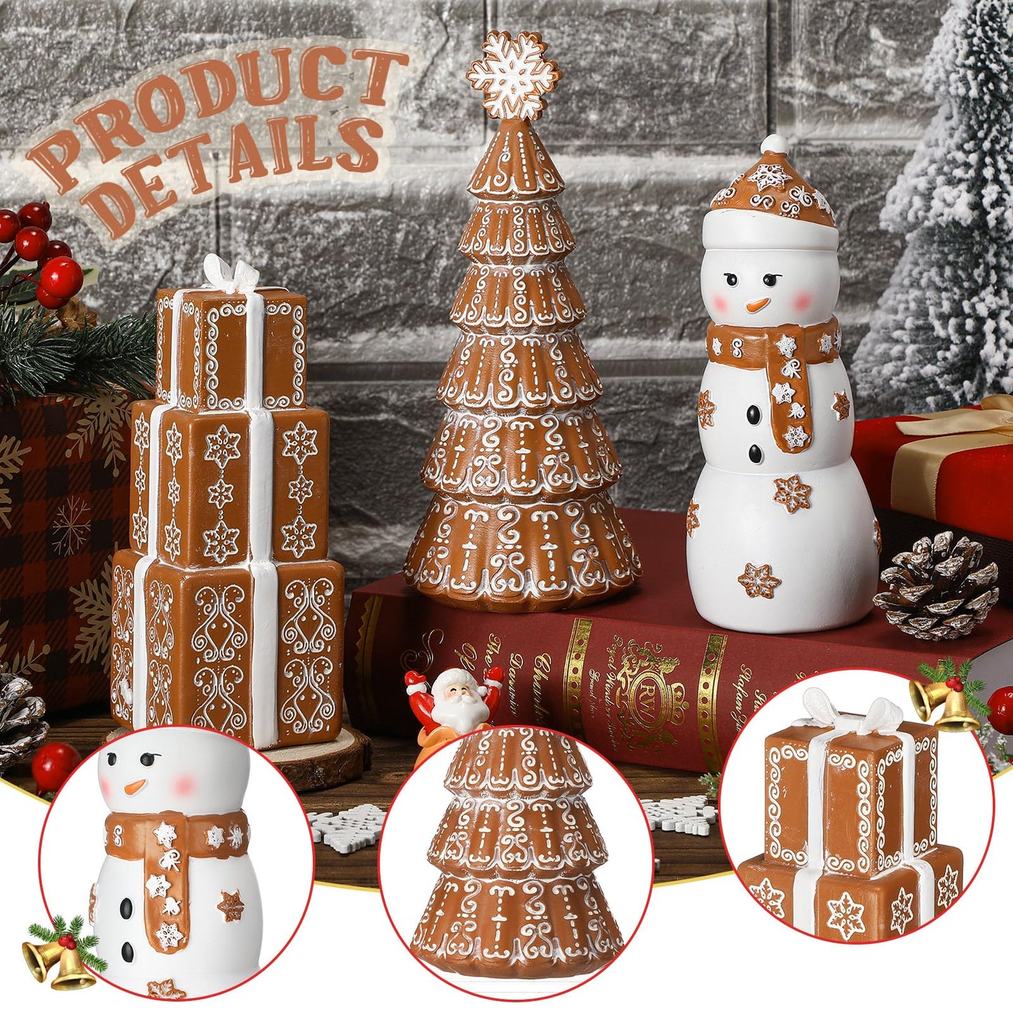 Kathfly 3 Pcs Christmas Winter Gingerbread Figurines Set Resin Snowman Gingerbread Tree Collectible Gift Table Centerpiece for Home Christmas Holiday Shelf Mantel Table Display