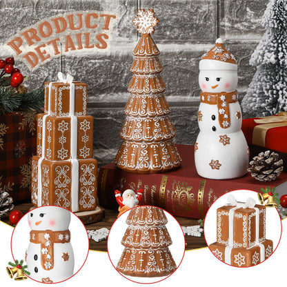 Kathfly 3 Pcs Christmas Winter Gingerbread Figurines Set Resin Snowman Gingerbread Tree Collectible Gift Table Centerpiece for Home Christmas Holiday Shelf Mantel Table Display