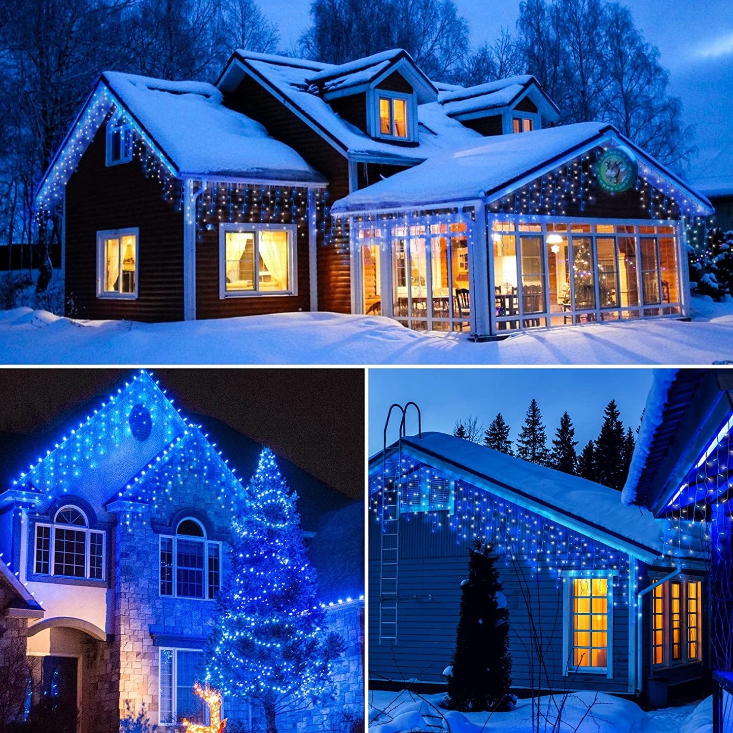 oopswow Icicle Lights Outdoor Decorations 300 LED 33ft 8 Modes Curtain Fairy String Light with 50 Drops, LED String Light Indoor for Wedding Party Holiday Christmas Decorations,Blue+White