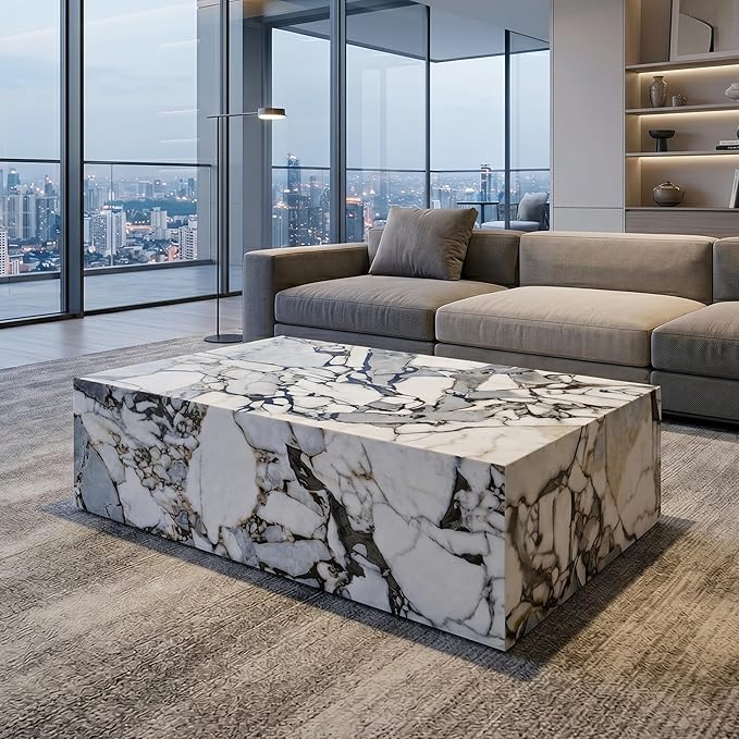 Faux Marble White Coffee Table, Rectangle MDF Living Room Table, Center Table