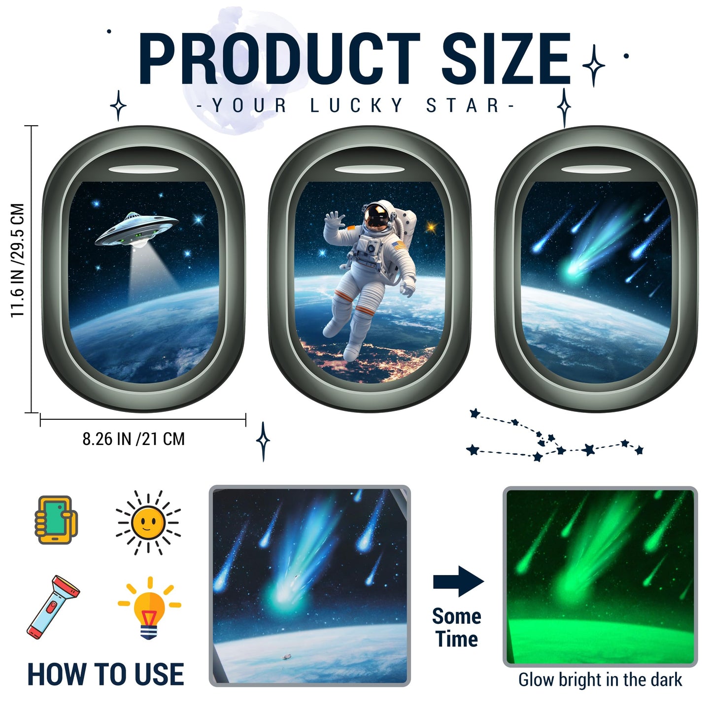 Glow in The Dark 3D Space Wall Decals, Set of 3 Galaxy Window Stickers for Wall, Space Themed Room Decor for Kids Boys (Green)