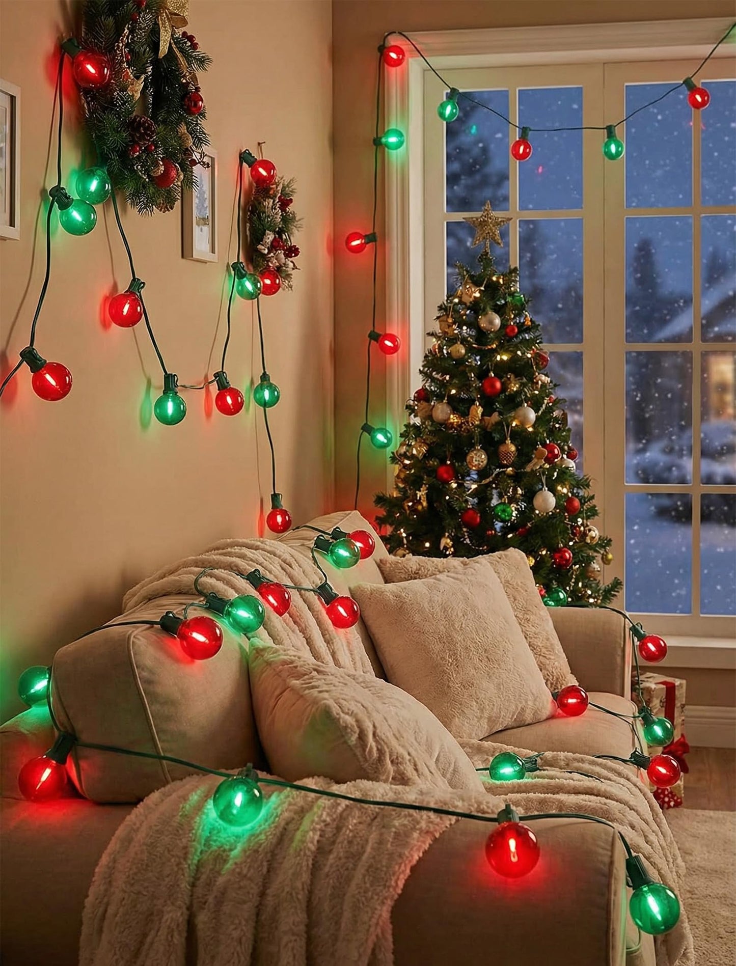 Romasaty G40 LED Christmas String Lights, 50FT Christmas G40 String Lights with 27 Shatterproof LED Clear Red Green Bulbs, Xmas Outdoor Decoration Lights for Patio Backyard Roofline Garden Yard
