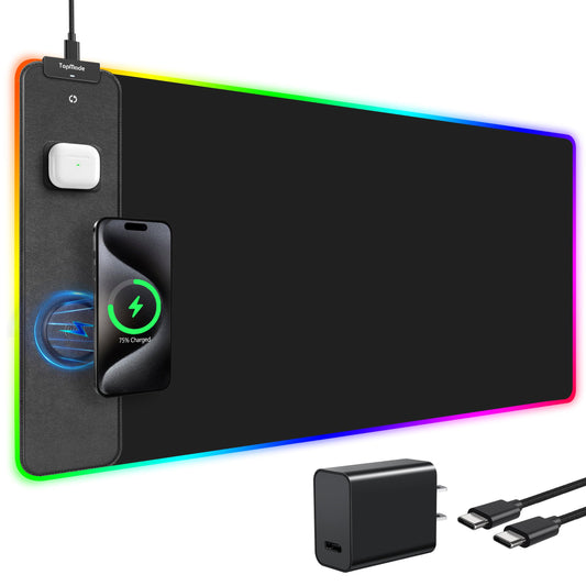 TopMade Wireless Charging RGB Mouse Pad, Waterproof Gaming Desk Mat with 4 Light Modes & 11 RGB Colors, 31.5"x15.75" XXL Large Desk Pad(Includes 20W PD Power Adapter & 6.56ft Woven Cable)
