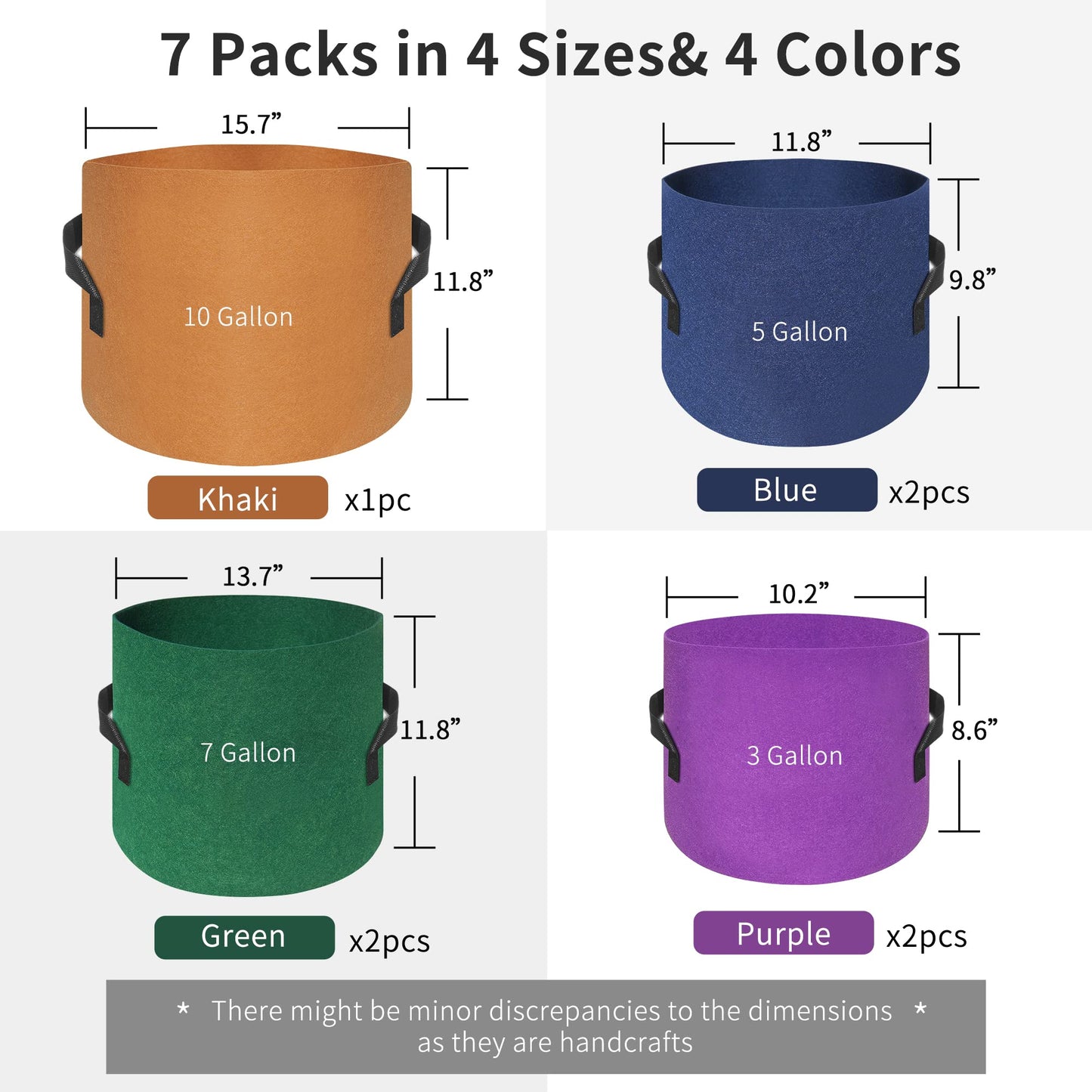 HAOWIN 400G Thickest 7-Pack Colorful Plant Grow Bags, Fabric Pots 10 Gallon 7 Gallon 5 Gallon 3 Gallon Variety Size Pack, Plant Labels Included Potato Growing Bags