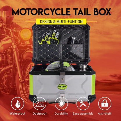 Letusto GRUNT SPORTS 65L Motorcycle Tail Box Top Case - Scooter Universal Storage Trunk – Waterproof Aluminum Luggage Tour Helmet Box with Security Lock - Includes Back Cushion (Silver, 65L)