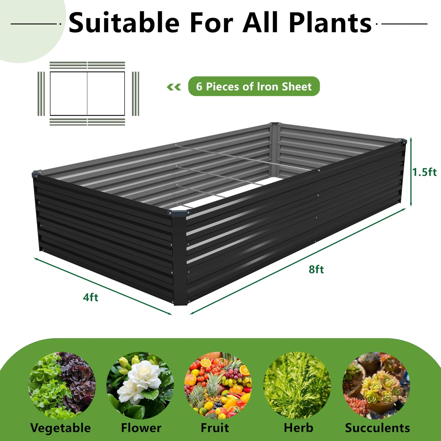 DIIYIV 8x4x1.5FT Galvanized Raised Garden Bed,Vegetable Boxes-Rectangle Metal Flower Box,Large Planter Raised Beds Outdoor Garden for Planting,Fruit,Herb-Black