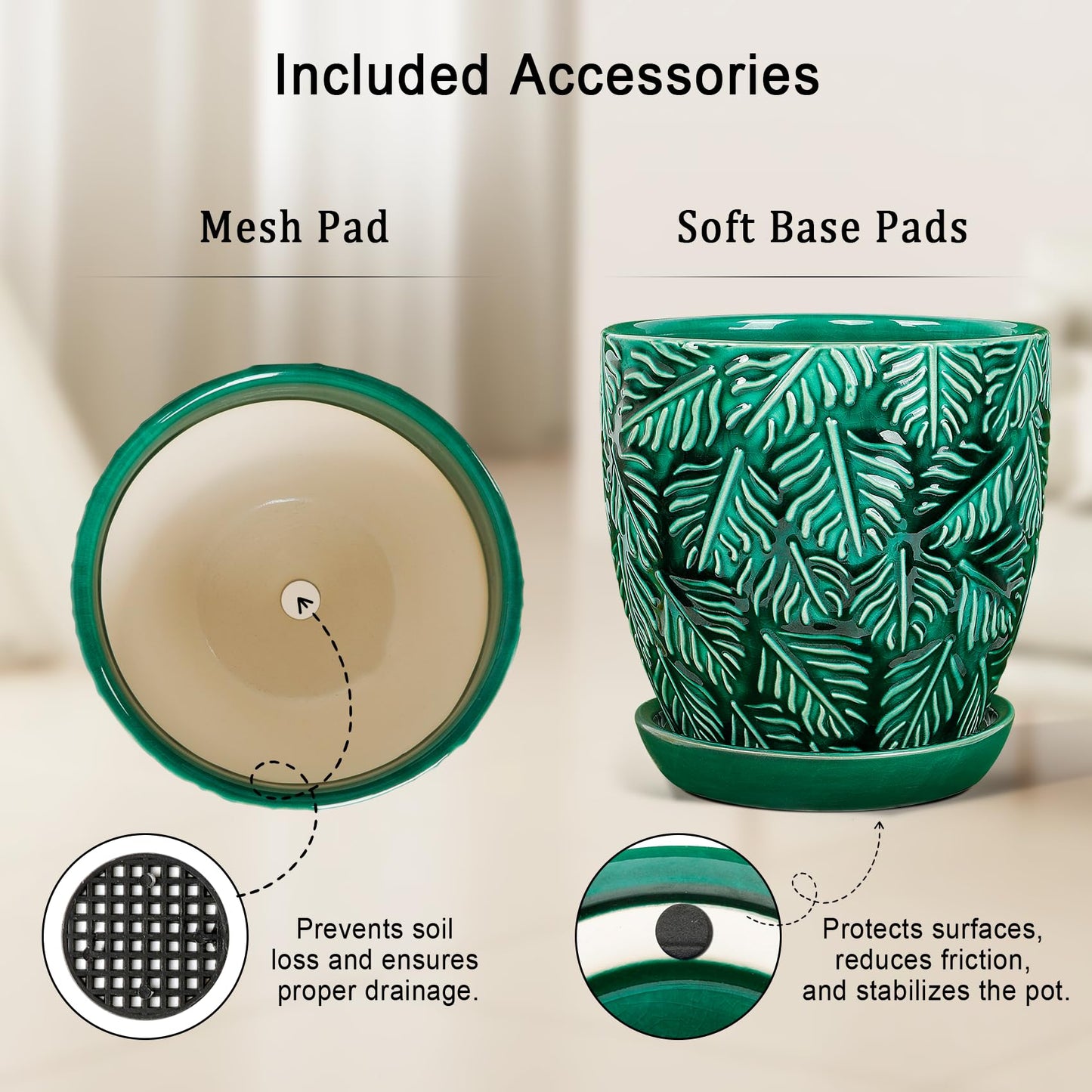 LITUDISO Ceramic Plant Pots, 6 Inch Indoor Plant pots with Drainage Hole and Saucer, Flower Pots, Leaf Embossed - Green Glaze, Set of 2